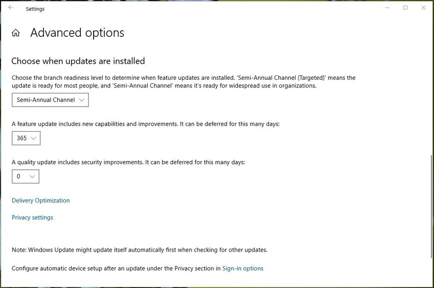 Configuration screen for updates on Windows 10 Professional